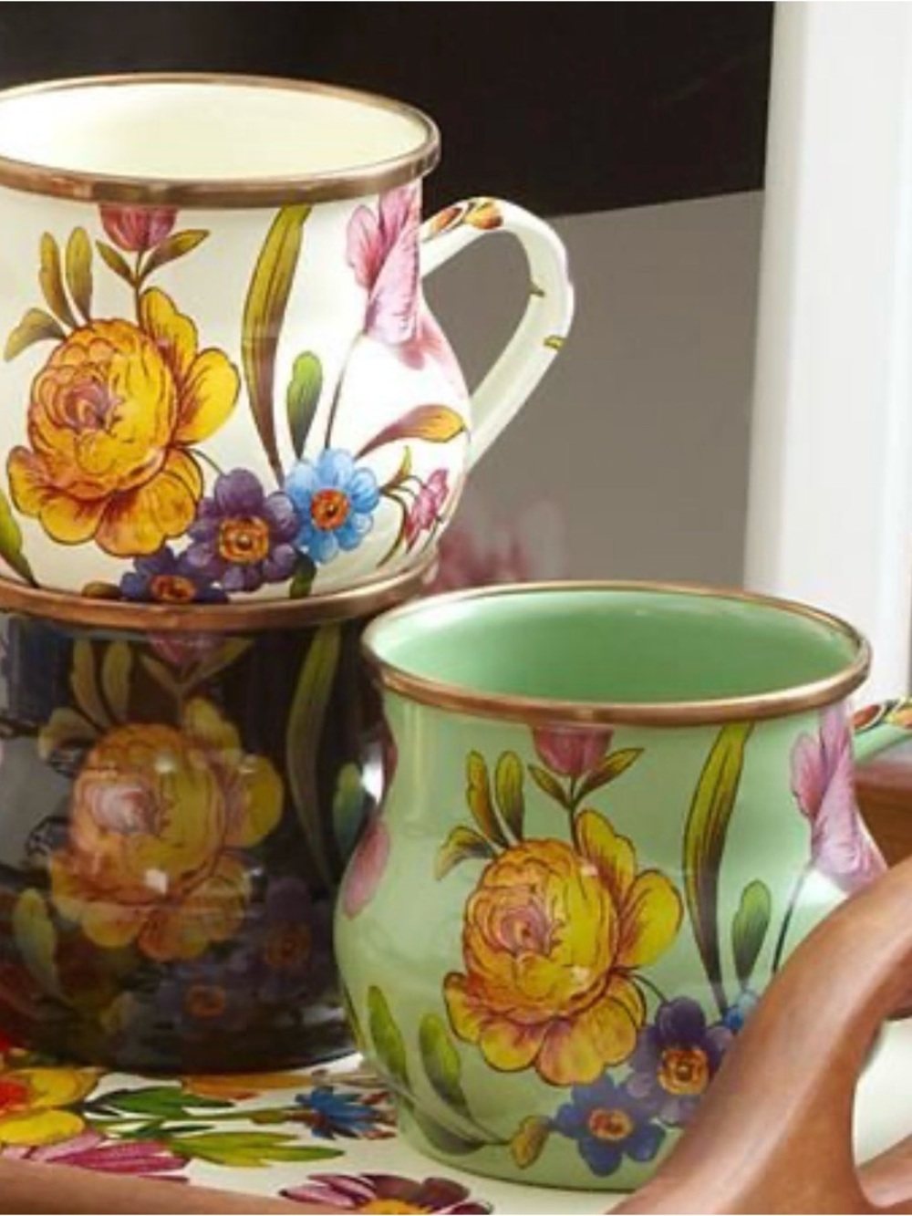 NWT Mackenzie Childs flower market enamel  cups. 2 green, 2 black and 2 white.